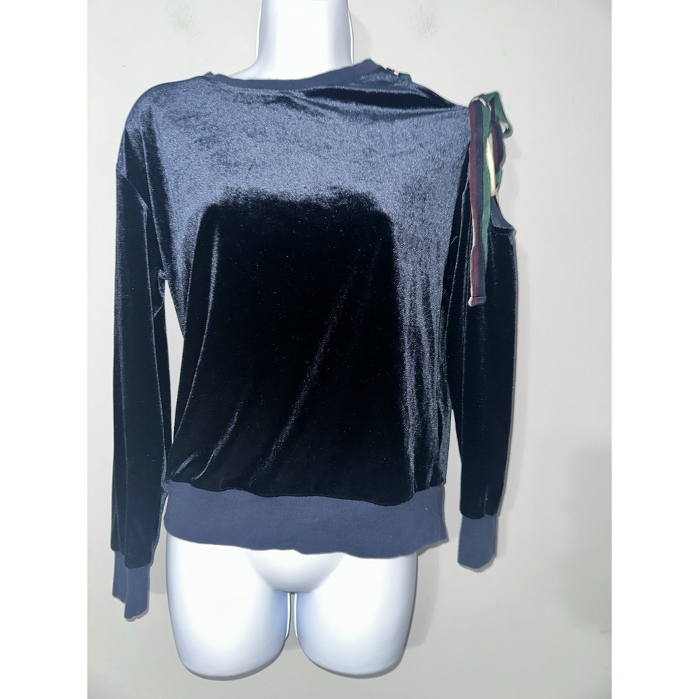 SUNCOO PARIS T1 Blue Velvet Cold Shoulder Tie Sweatshirt SATINE Size XS